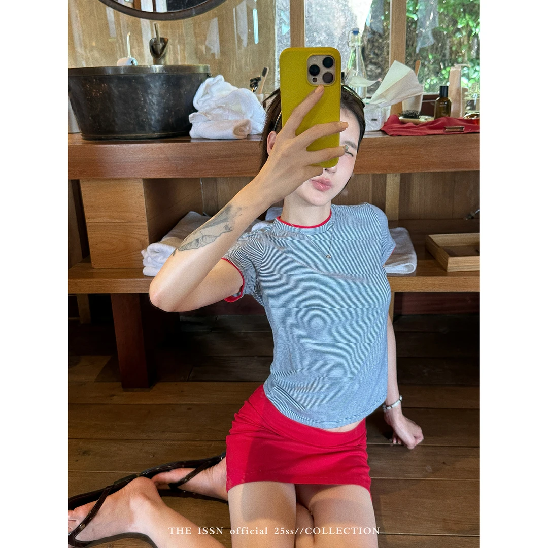 THEISSN宁司 撞色条纹正肩短袖T恤女夏季韩系休闲上衣 0912