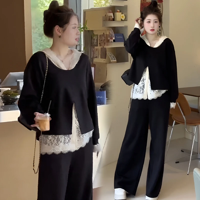 春秋时尚高级感裤套装女2025新款蕾丝拼接上衣显瘦长裤休闲三件套