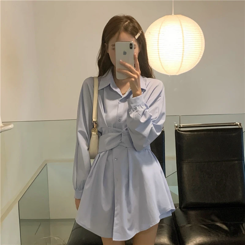 气质御姐风长袖衬衫连衣裙女秋季穿搭2025年新款收腰短裙两件套装