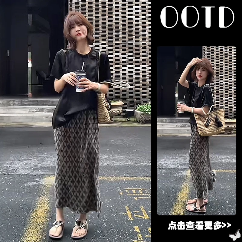 夏季流行穿搭一整套女2025新款韩版蕾丝短袖T恤百搭半身裙两件套