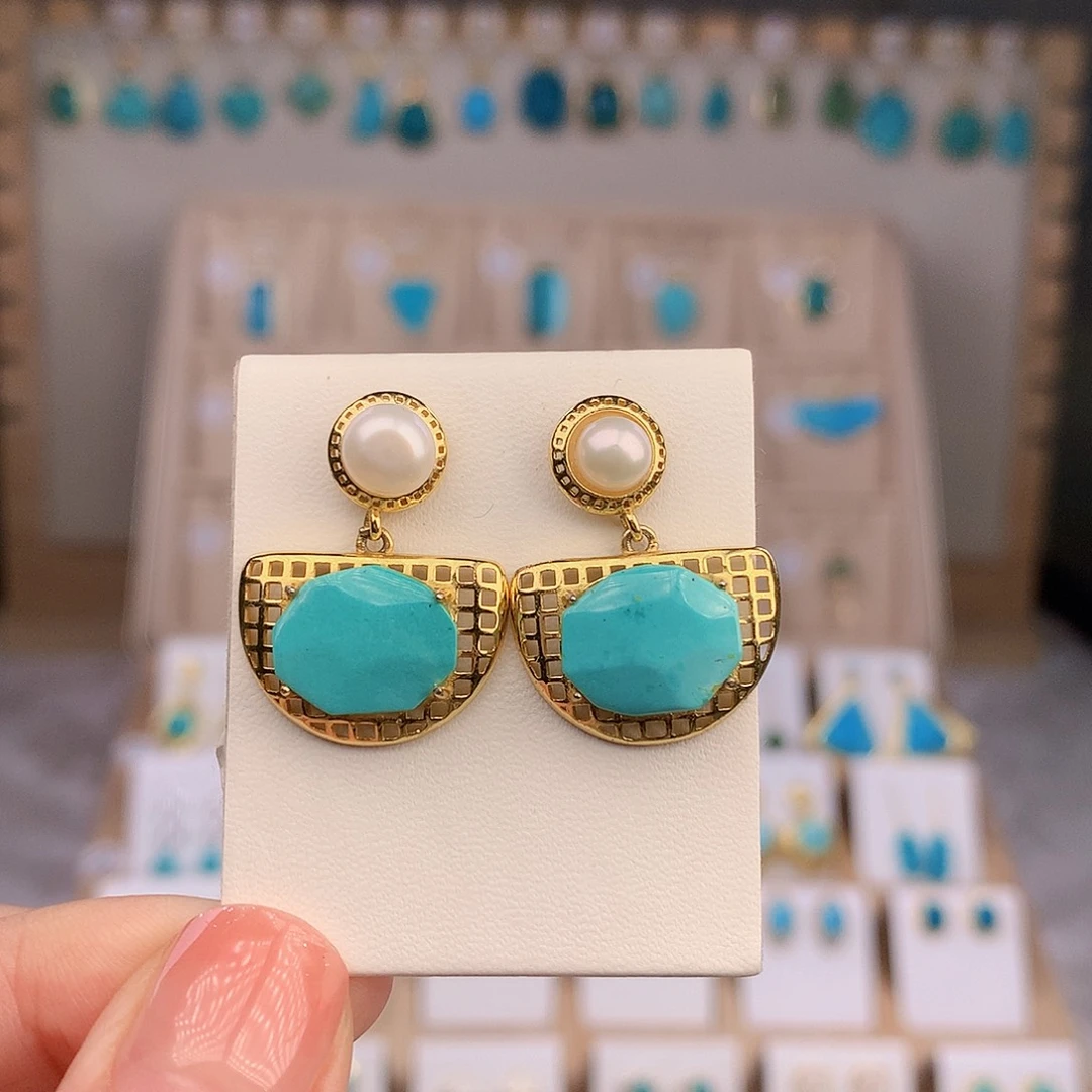 绿松石银S925镶嵌耳饰