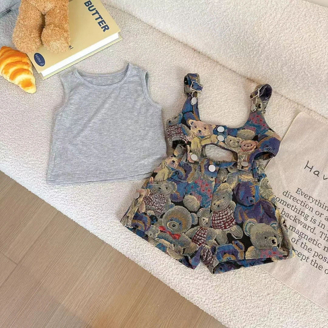 2025薄款夏季女纯色套装上衣复古无袖时尚重工女童5X0455X046