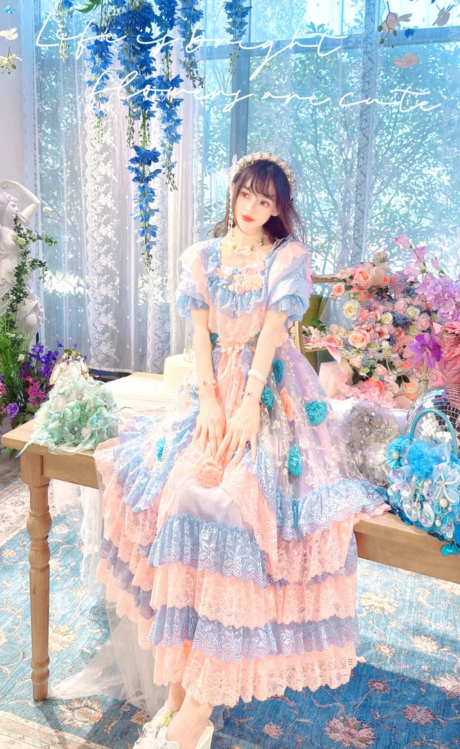 100 蓝加橙双色拼色蕾丝抽褶袖多层宫廷摆定制款重工大裙摆连衣裙