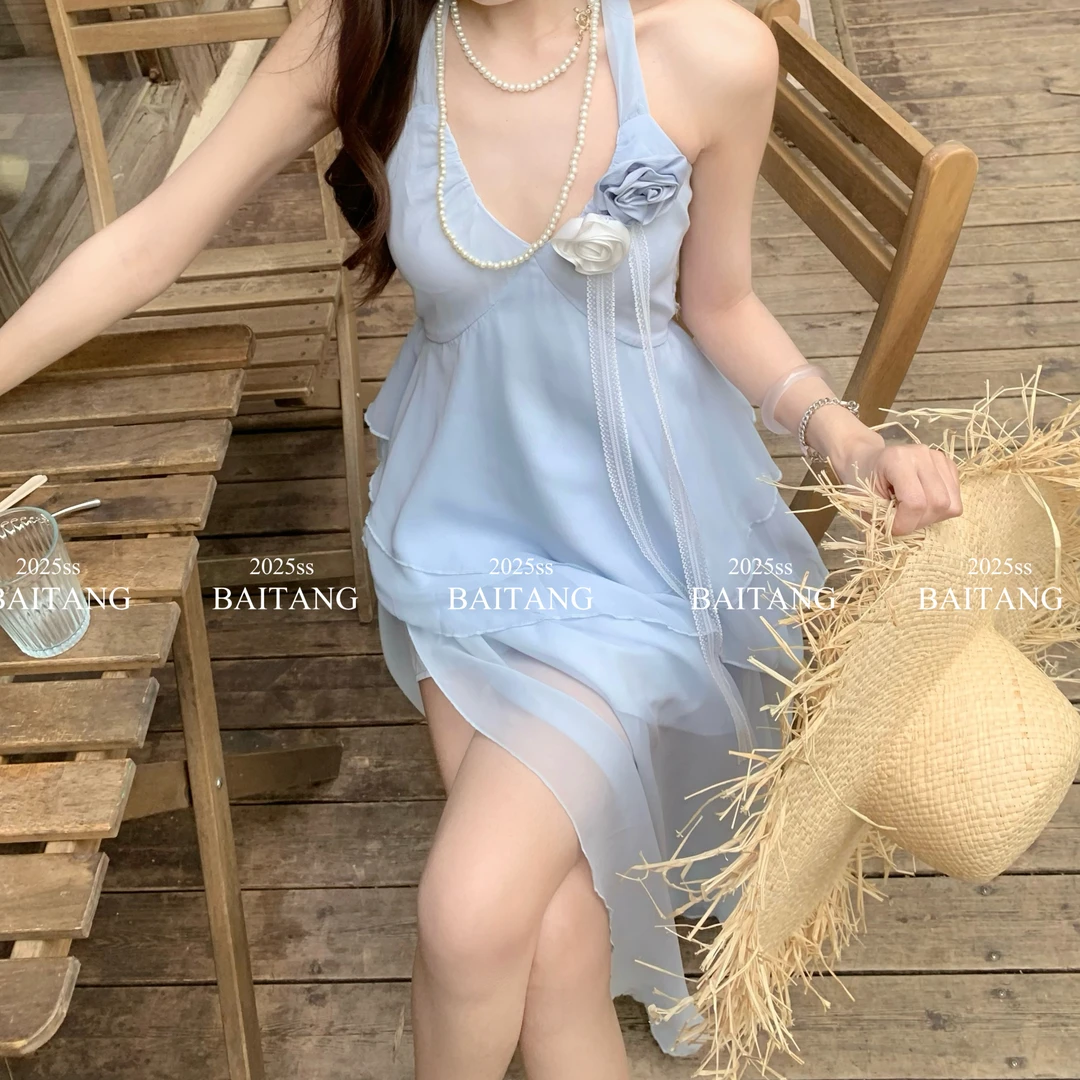 BAITANG【海盐玫瑰】夏季吊带法式度假挂脖性感纯欲仙气套装两件套