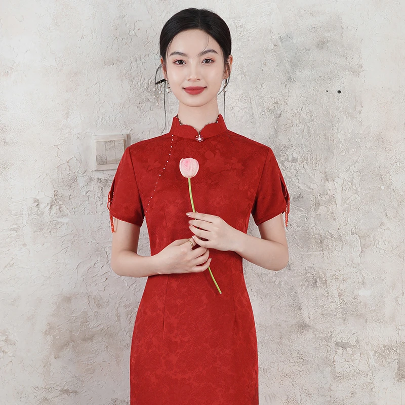 喜婆婆婚宴装2025新款夏季高贵年轻妈妈礼服红色旗袍裙子日常可穿