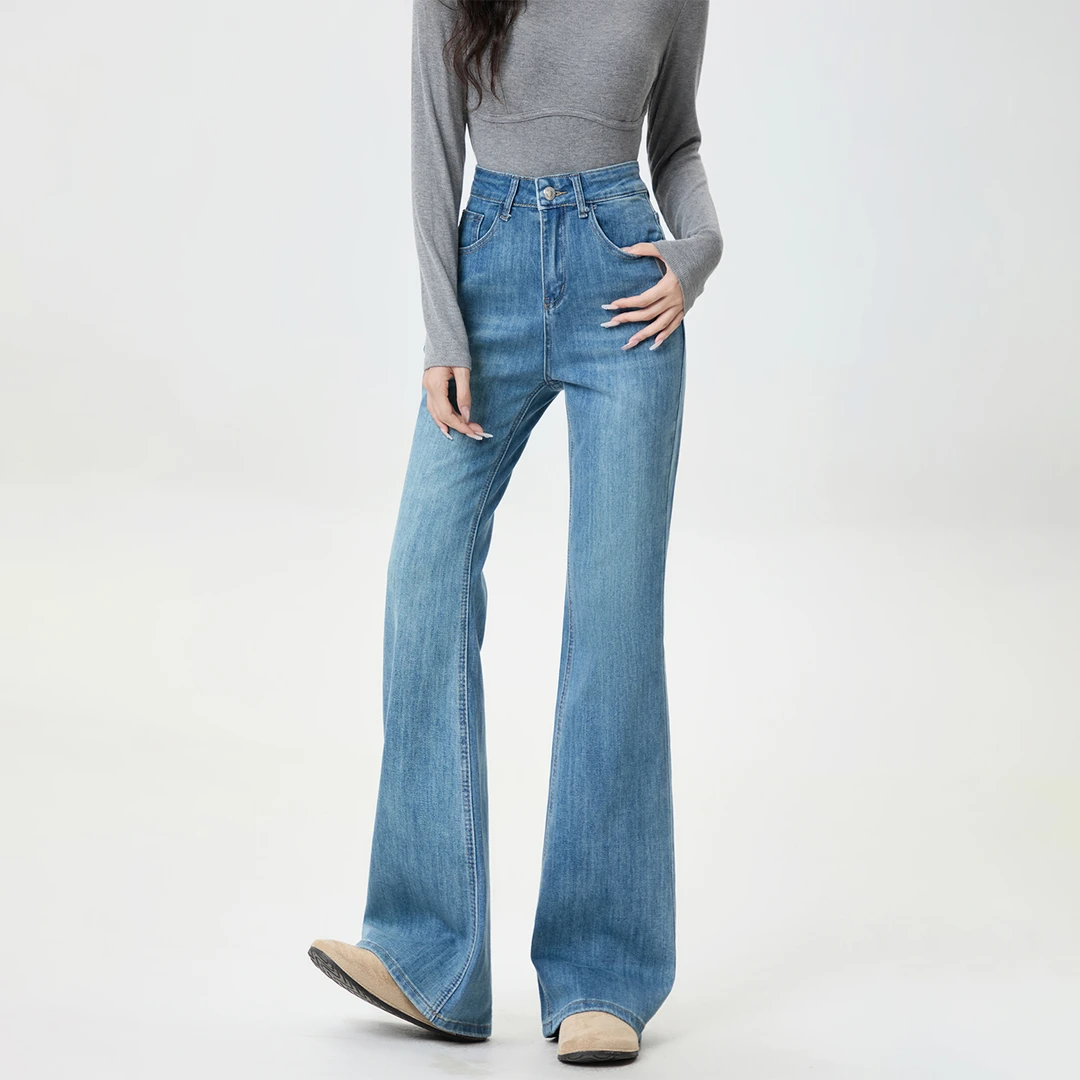 韩系简约高腰喇叭阔腿牛仔裤女小个子梨型身材遮胯显瘦弹力微喇裤