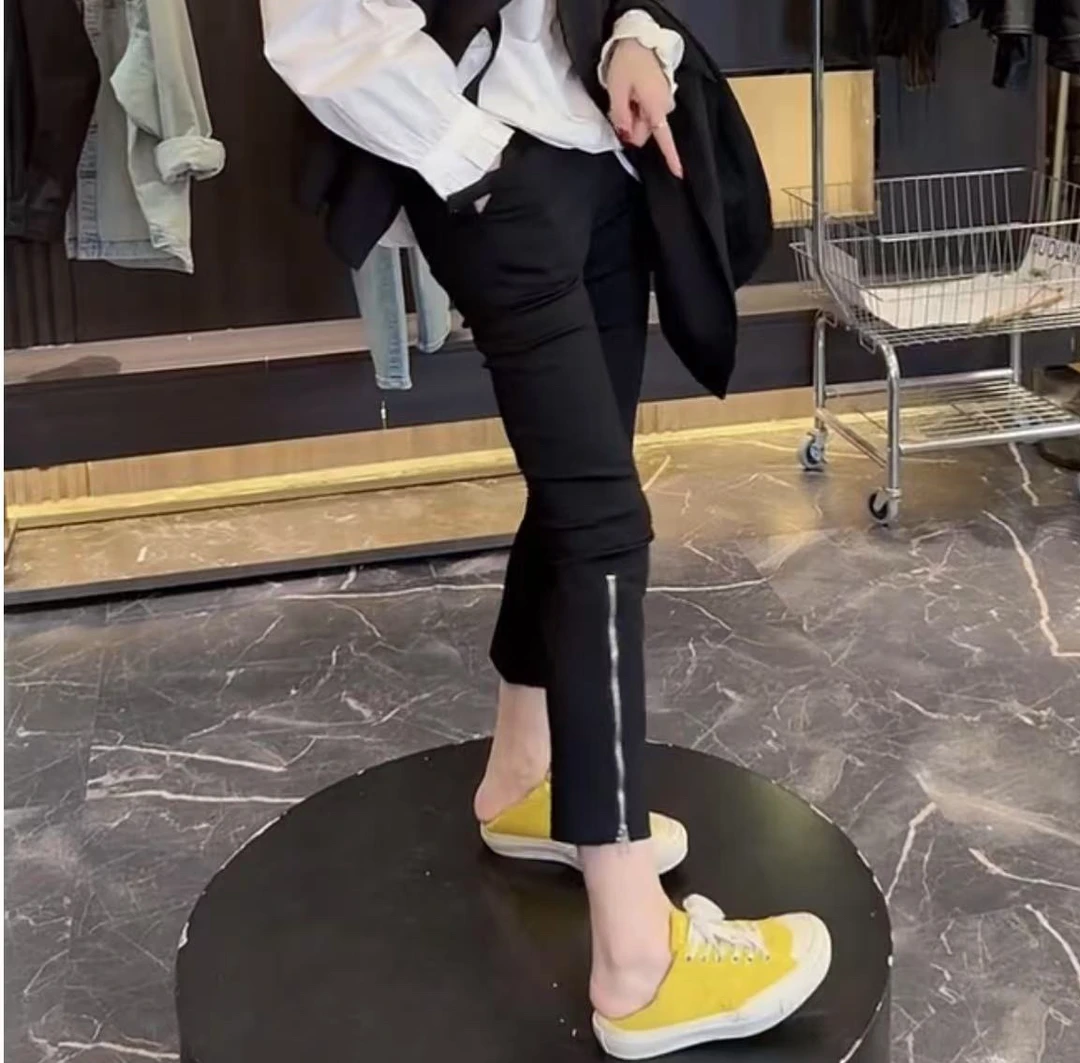 高腰显瘦小脚休闲裤拉链设计百搭黑色九分裤