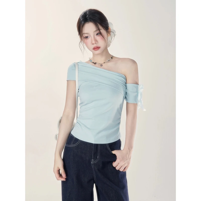 【小野莓】春夏气质甜酷设计感斜肩绑带褶皱收腰显瘦短袖T恤