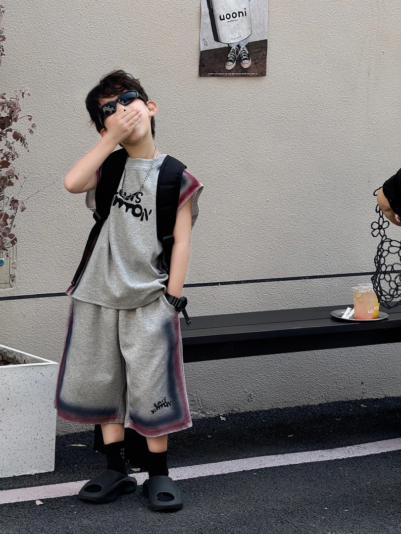 2025夏季新款韩版男童美式痞帅字母印花透气套装儿童T恤短裤