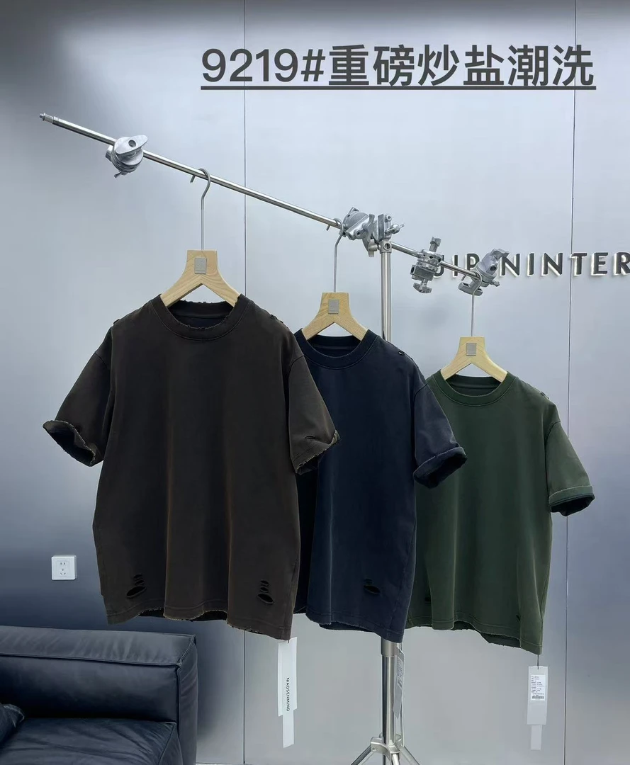 567-568-569夏季男女重磅纯棉阔版破洞圆领短袖T恤 T8259219 G161