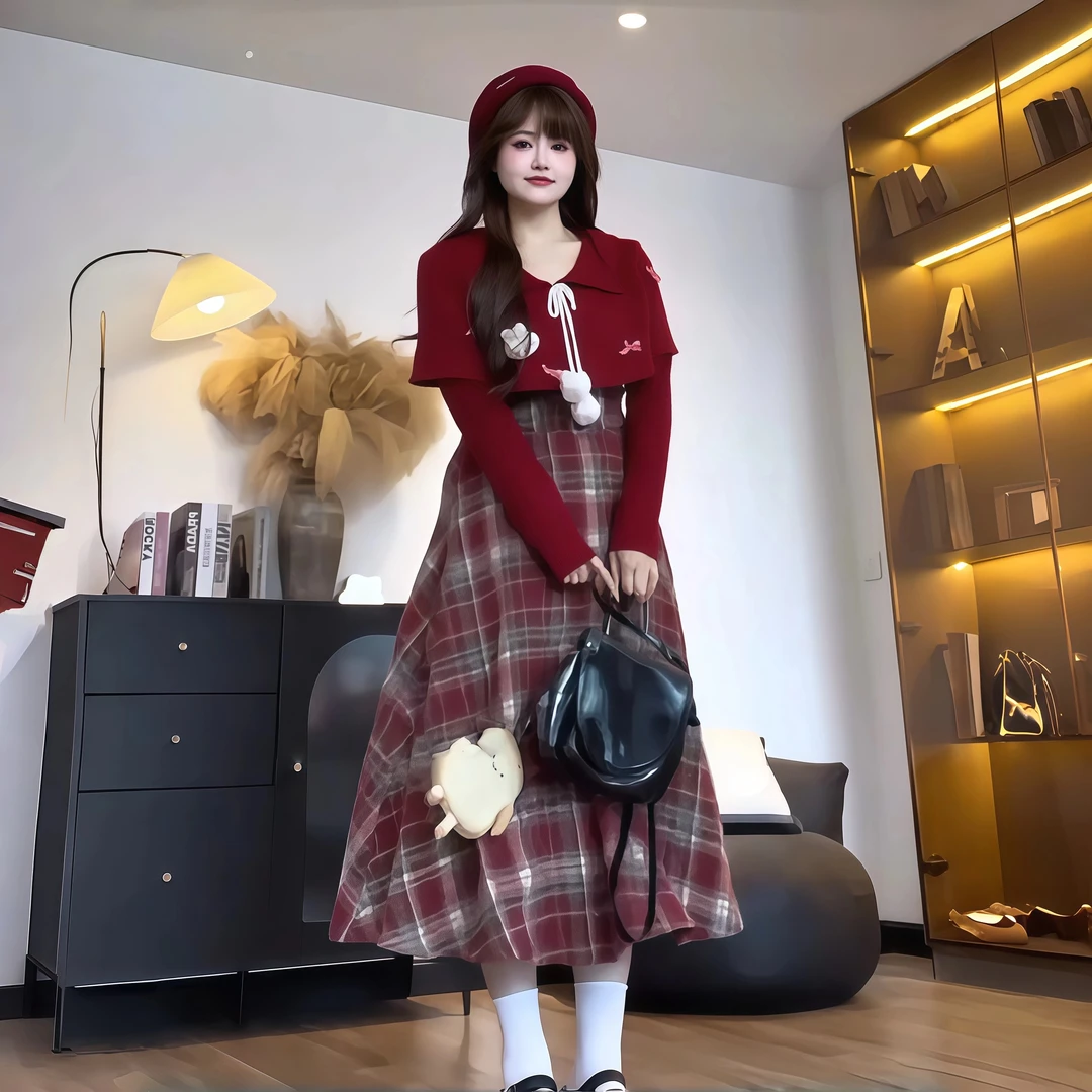 大码奇遇兔娃娃领两件套微胖MM毛球兔子挂饰长袖上衣搭鱼骨裙9349