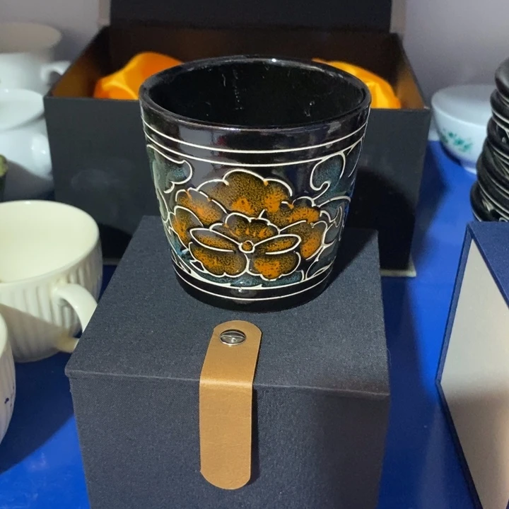 瓷片磁州窑黑刻填彩茶杯礼盒装