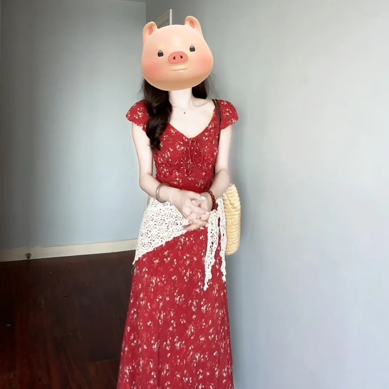 2025法式高级显瘦红色碎花连衣裙子女夏季小个子气质收腰长裙3205