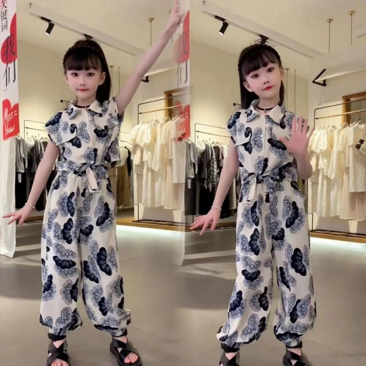 2025碎花夏季韩版休闲田园风女孩显瘦印花洋气蓝蝴蝶衬衫套装