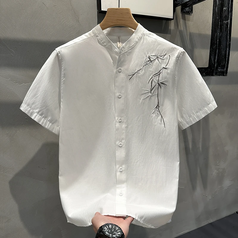 新中式国风立领短袖衬衫男士夏季上衣潮流时尚竹叶刺绣花半袖衬衣