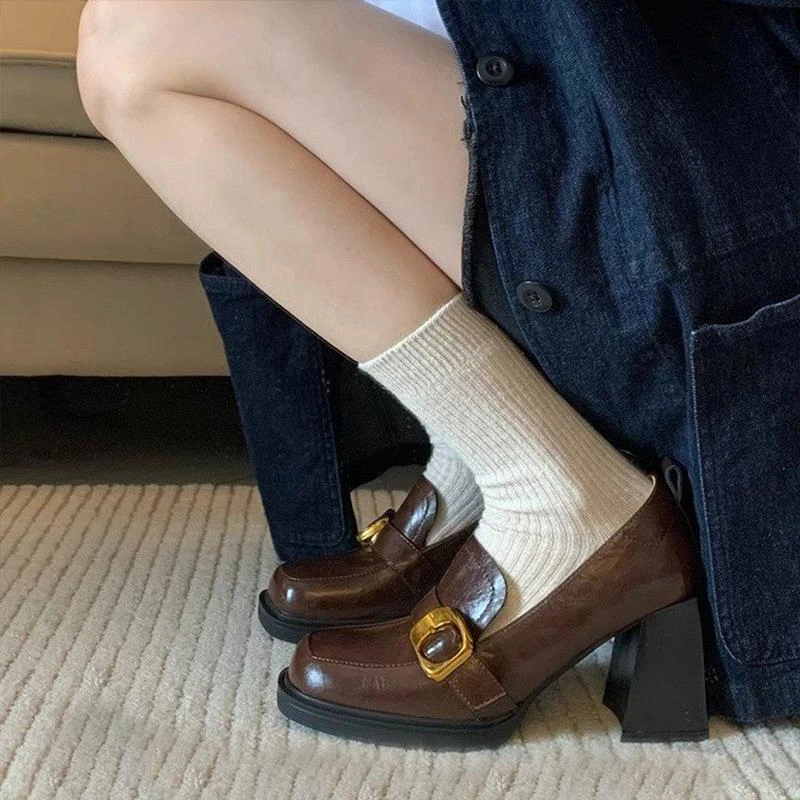 UHCK女鞋2026年春夏新款方头高跟乐福鞋女英伦风jk女鞋子粗跟一脚