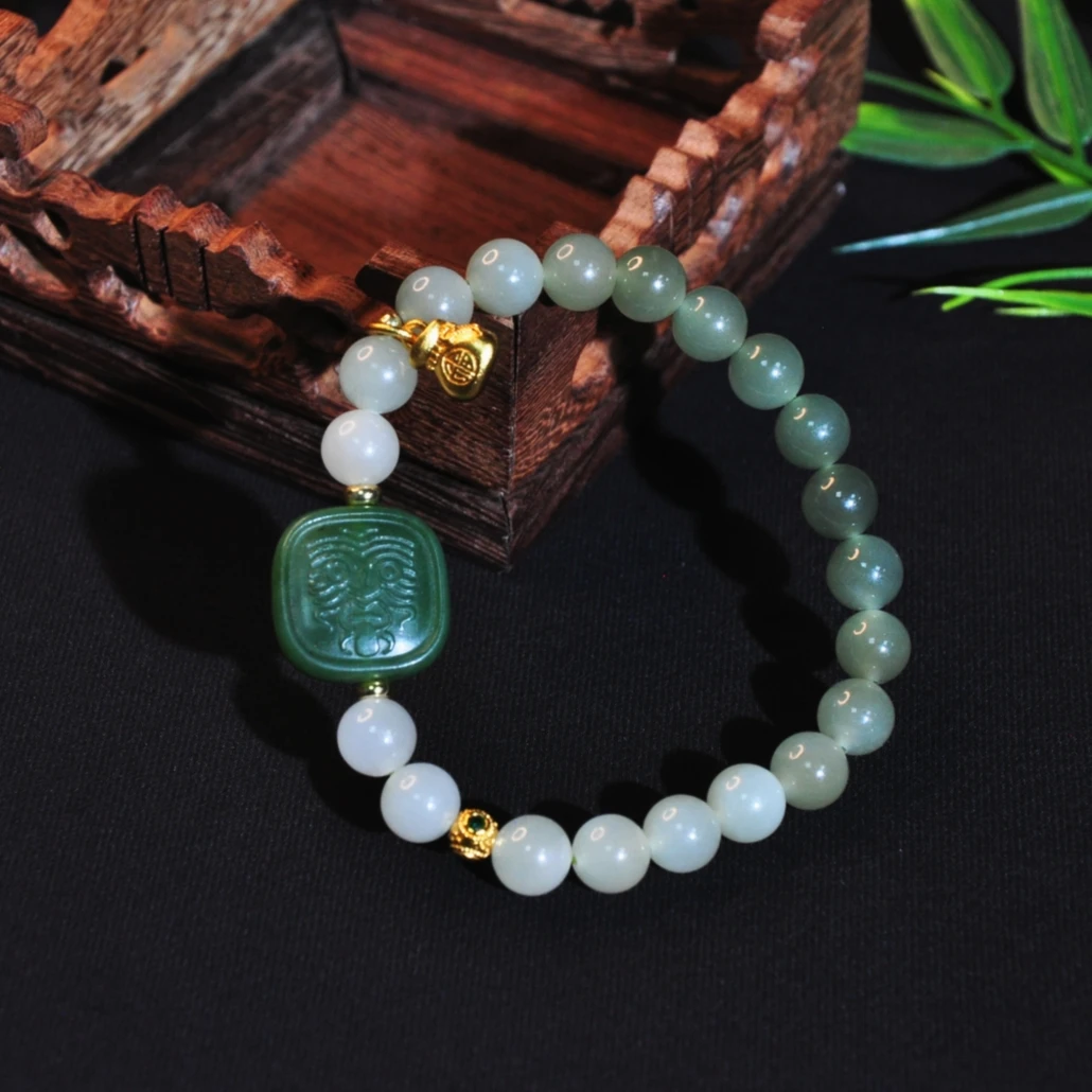 【龙老板】菠菜绿碧玉扎基配和田玉渐变圆珠手串A1640269