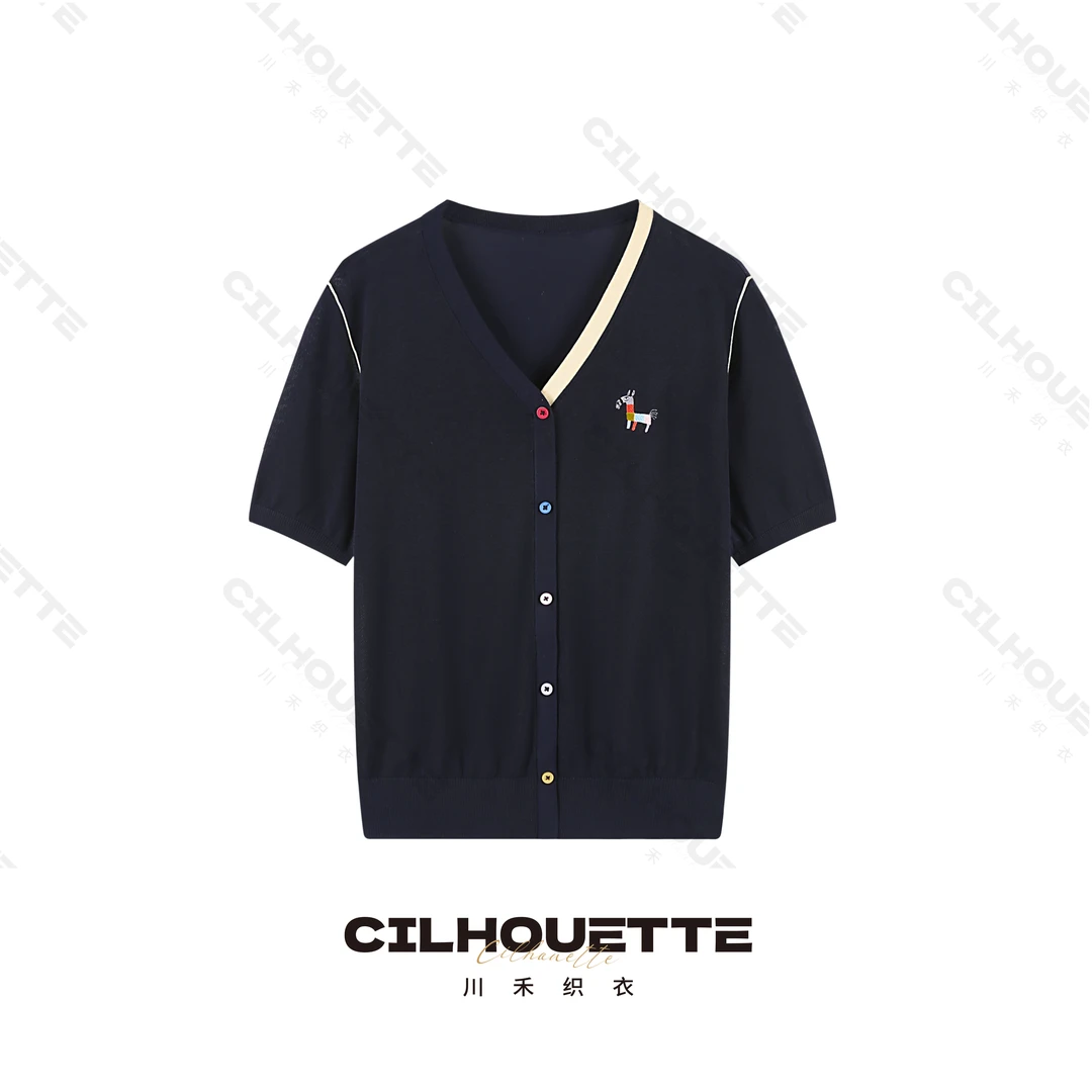 川禾织衣 夏季设计感刺绣100纯兰精天丝短袖针织T恤薄款透气显瘦