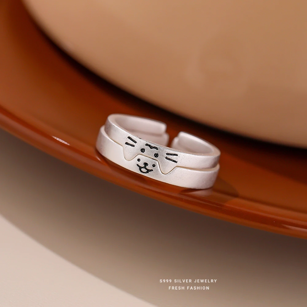 足银戒指 999猫狗日记情侣足银戒指个性可爱可调节叠加简约银戒