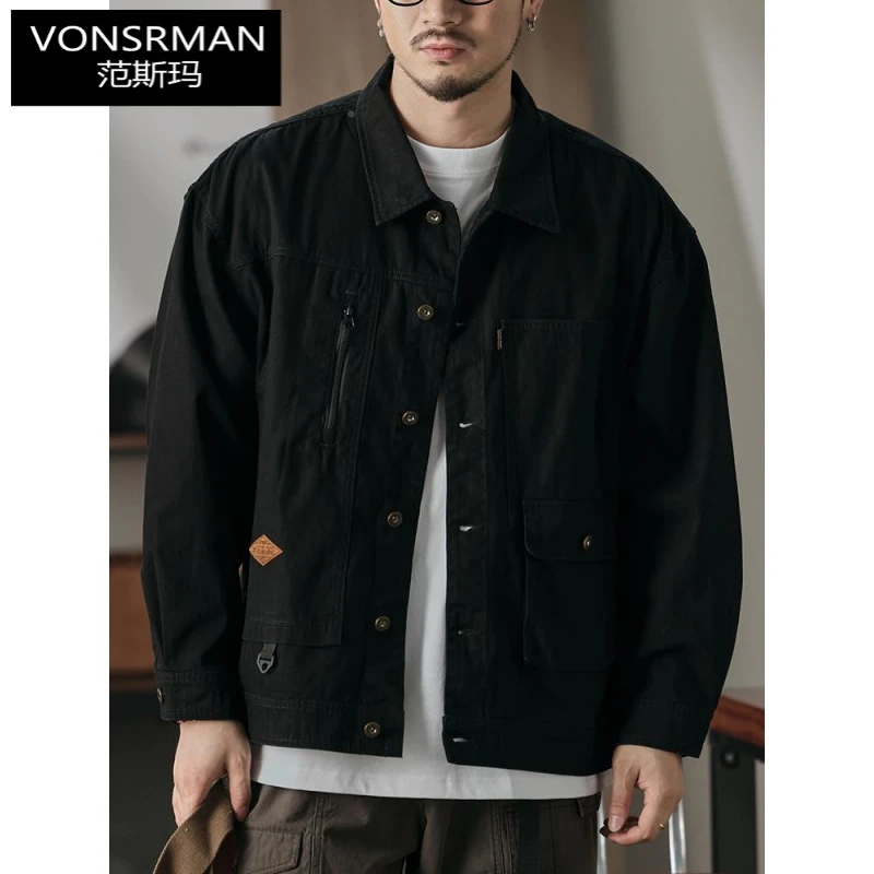 美国重量级翻领夹克男士秋季宽松大码休闲时尚百搭覆古工作夹克时