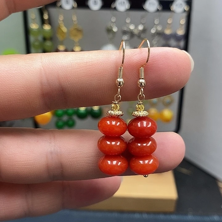 南红玛瑙银S925镀金镶嵌耳饰尺寸10mm