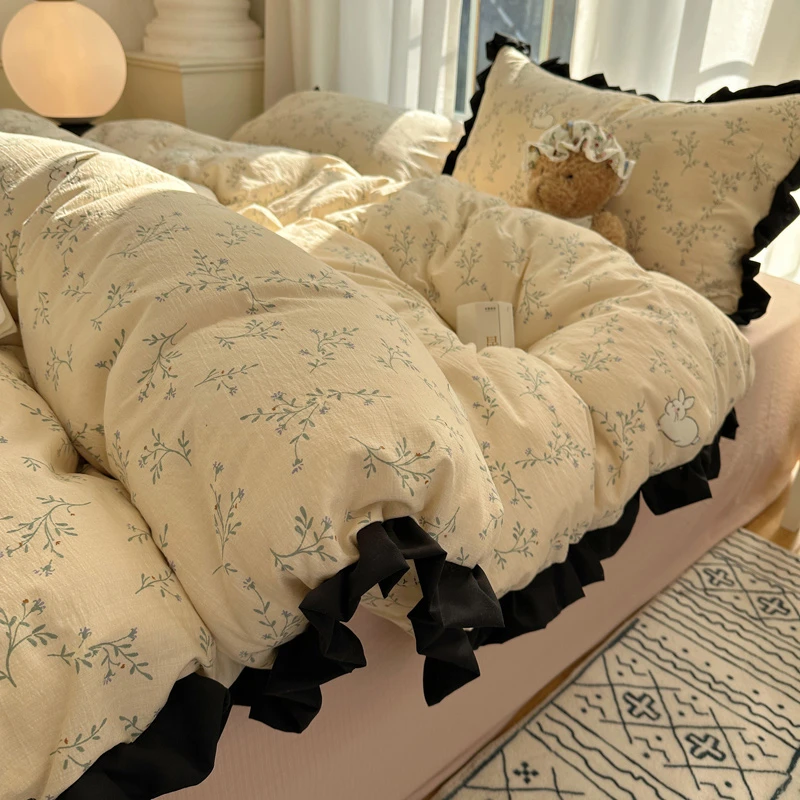 法式水洗棉床上四件套2025新款公主风花边被套罩床单人床品4