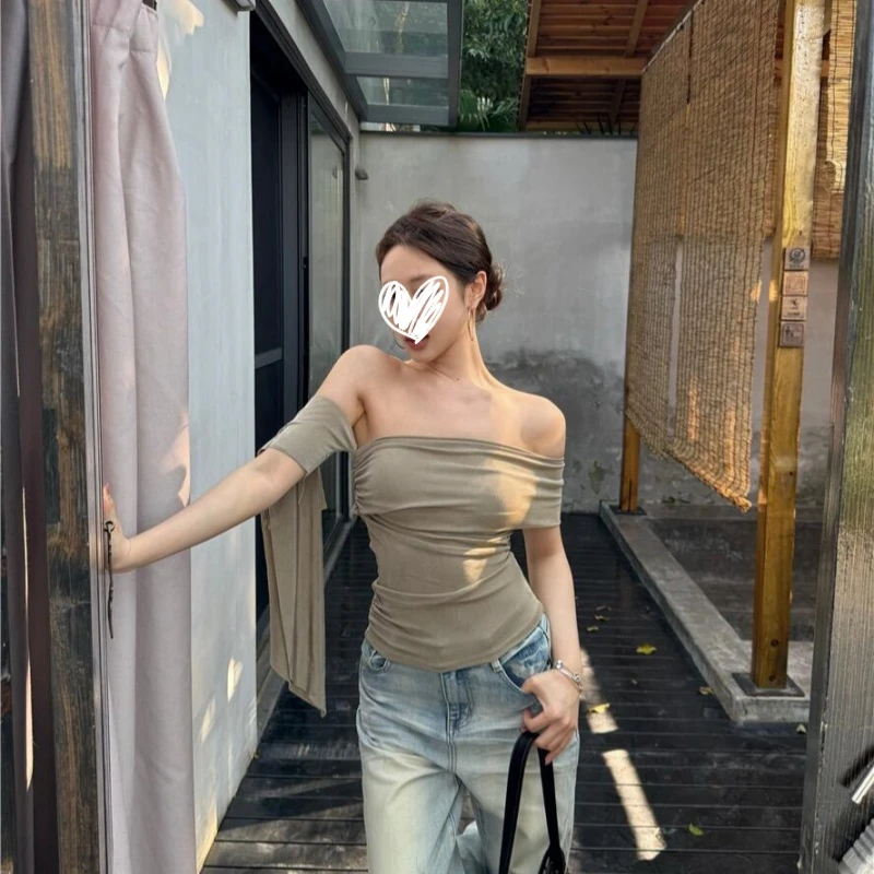 夏季新款美式性感纯欲辣妹一字领斜肩无袖T恤修身飘带女上衣