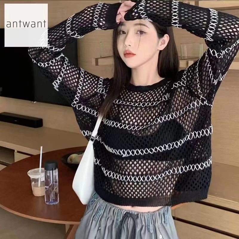 法式长袖针织衫女2025春夏薄款外搭宽松镂空罩衫新款洋气网衫上衣