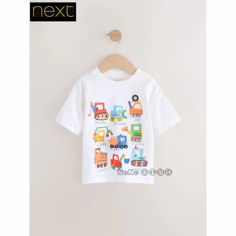 现货英国Next正品男白色工程车贴布挖掘机纯棉短袖T恤运动