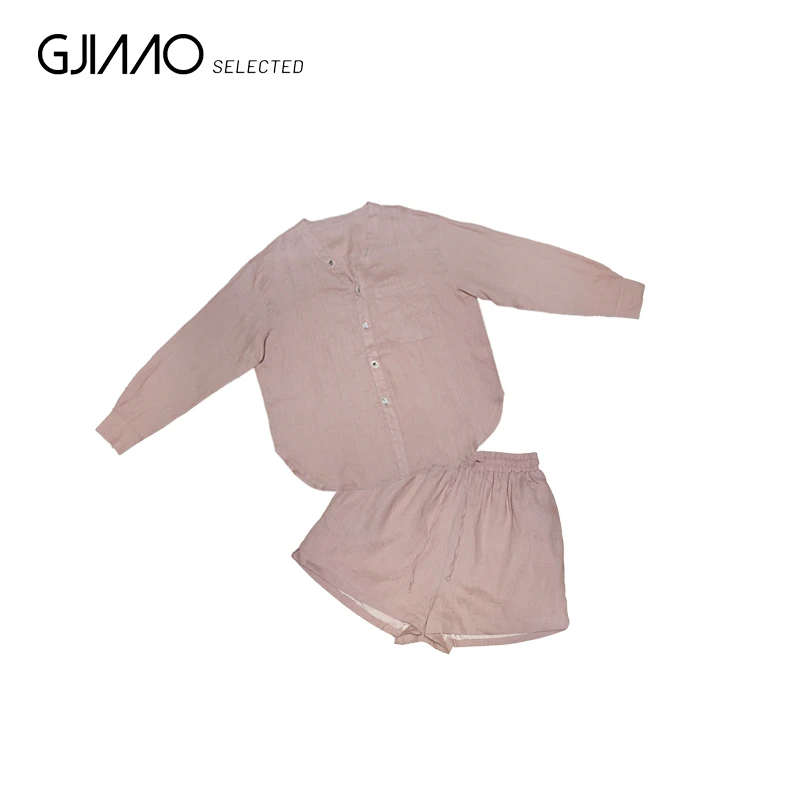 0035 V领钻扣衬衣短裤麻套装