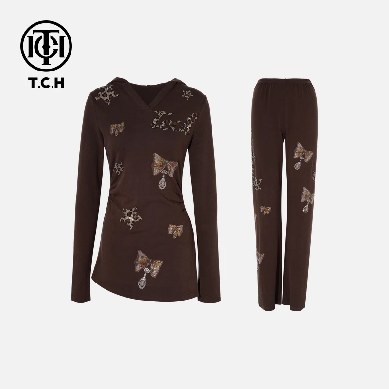 TCH秋款烫钻工艺时尚百搭休闲咖色套装女T75C07E1013轻奢tch秋季