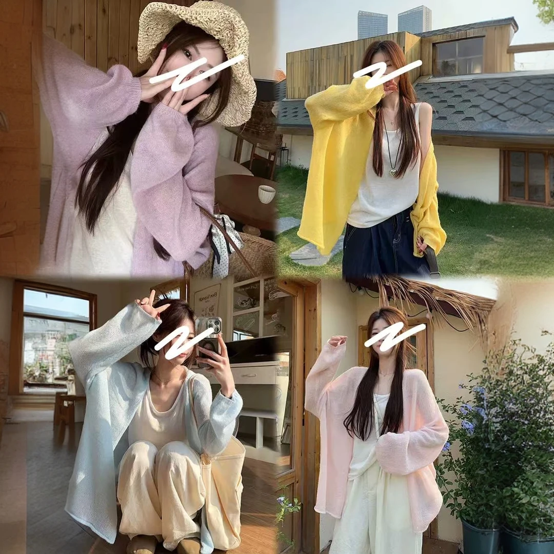 2025奶油衫薄款宽松型女灯笼袖毛针织衫韩版设计感外搭宽松毛衣