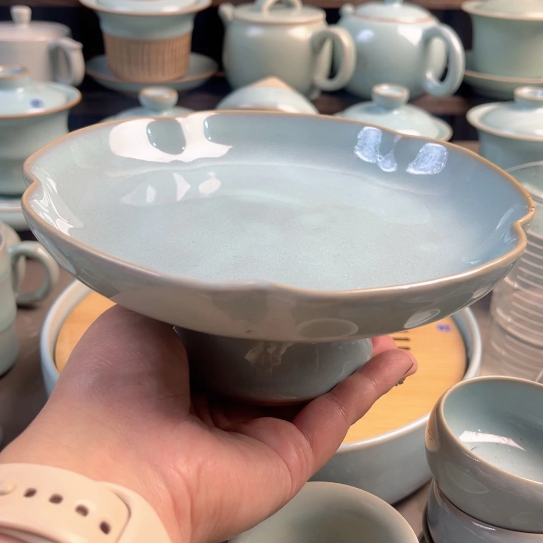 摆件陶瓷天青釉高足果盘原矿