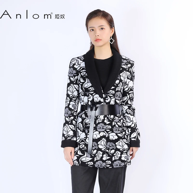 Anlom/娅奴春季长袖新款翻领黑白花休闲绵羊毛针织衫通勤针织外套