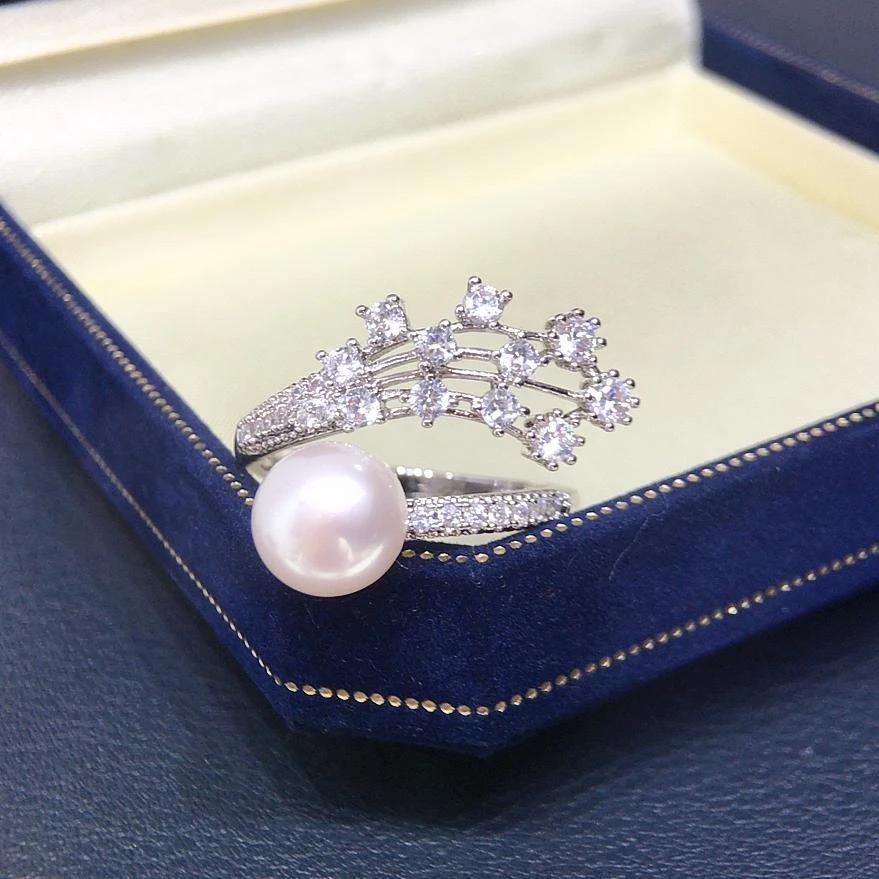 精工款极光天然淡水珍珠戒指锆石流星开口戒指优雅高级感手饰