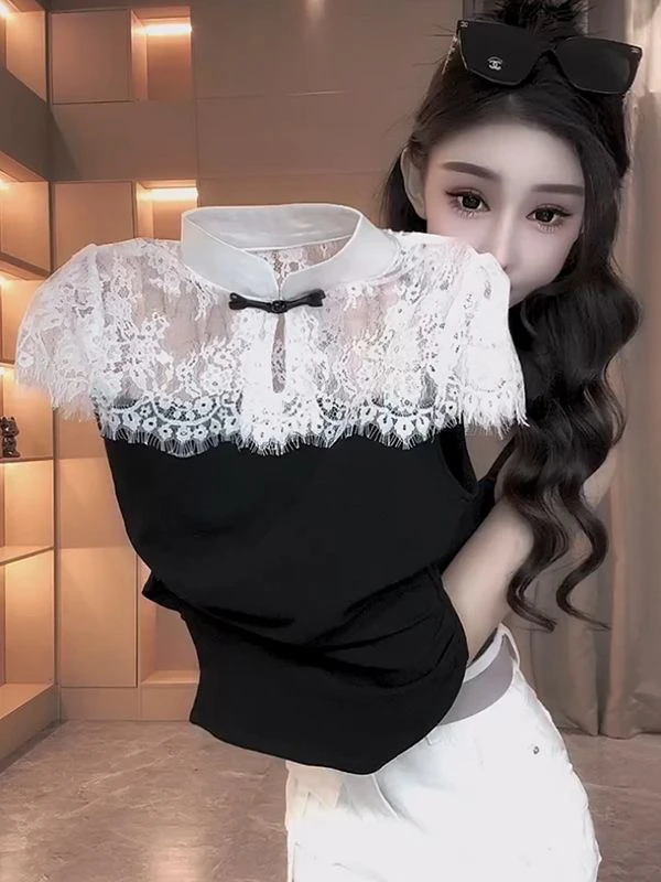 蕾丝拼接立领短袖短款新中式T恤韩版气质显瘦百搭设计感修身