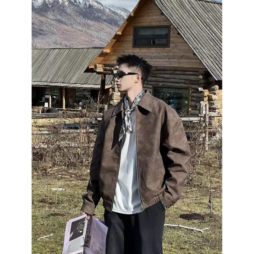 1566美拉德美式复古皮棉衣男潮高级感cleanfit休闲翻领短款皮衣