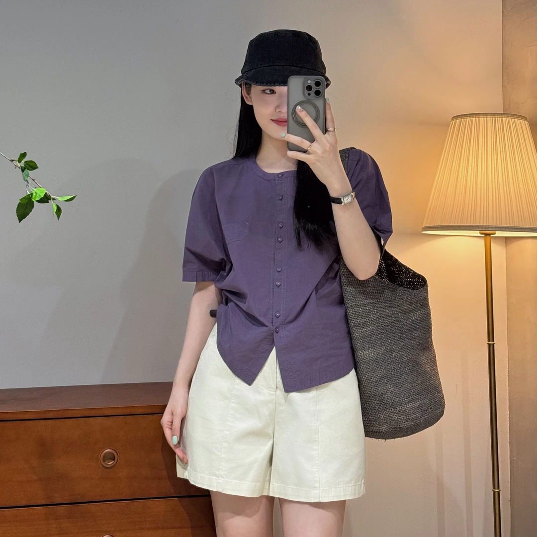 今婷夏季薄款时尚简约宽松休闲百搭复古纯色短袖衬衫女-M25206317