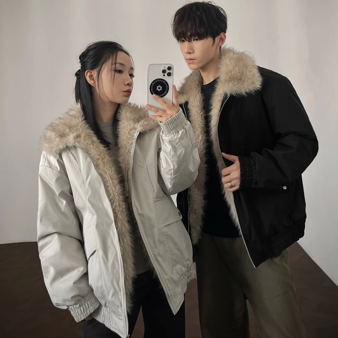 美式座山雕风格冬季加厚毛领保暖翻领棉服外套男女同款情侣潮9706