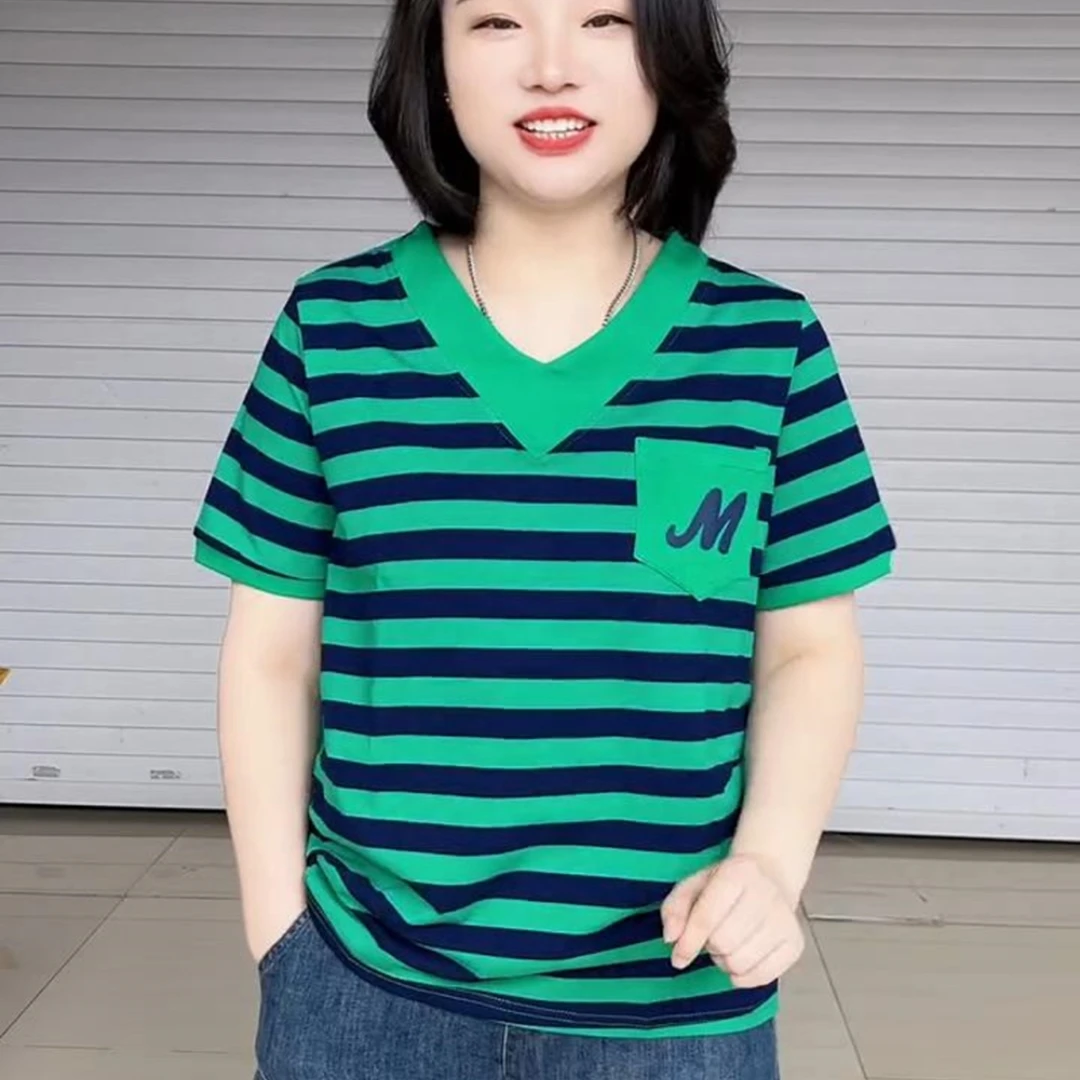 2025夏季新款韩版休闲时尚减龄款条纹上衣女V领百搭套头针织衫潮