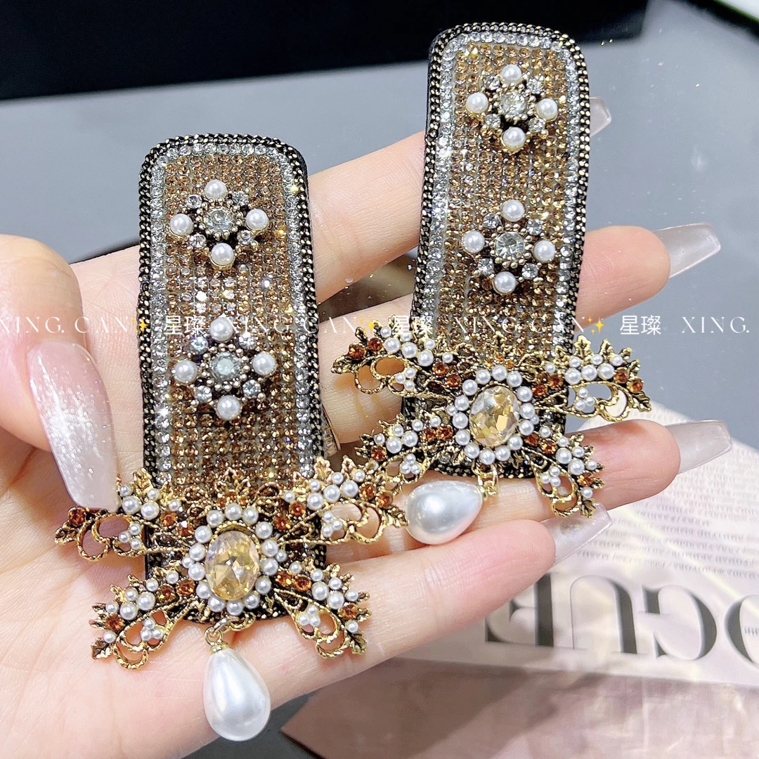 金色珍珠吊坠原创设计BB夹发夹满钻重工女夹子网红民族风优雅边夹