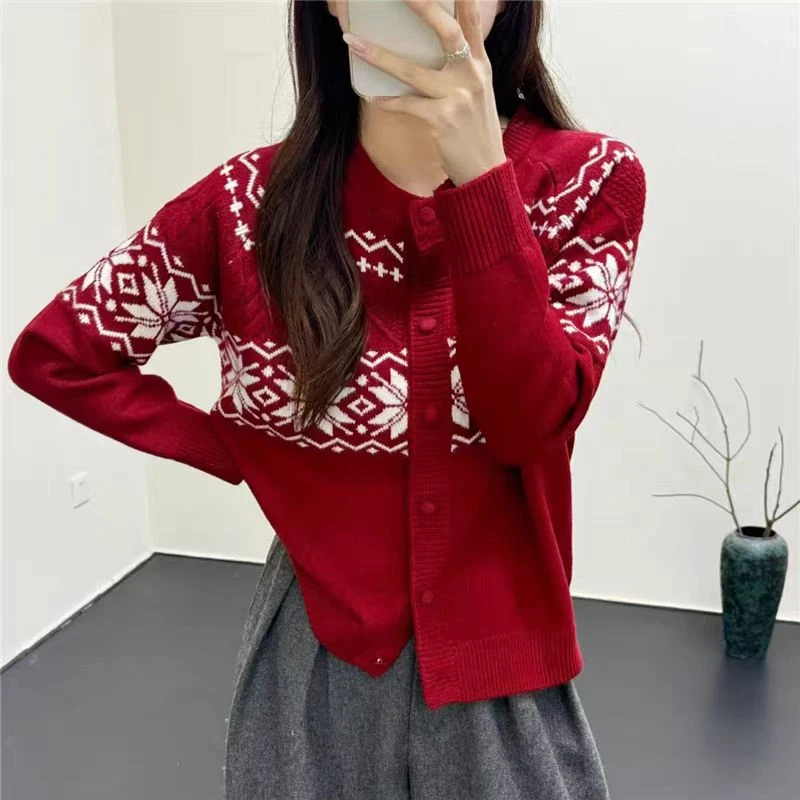 【暖阳】提花圆领毛衣开衫女春装2025新款宽松针织外套洋气上衣