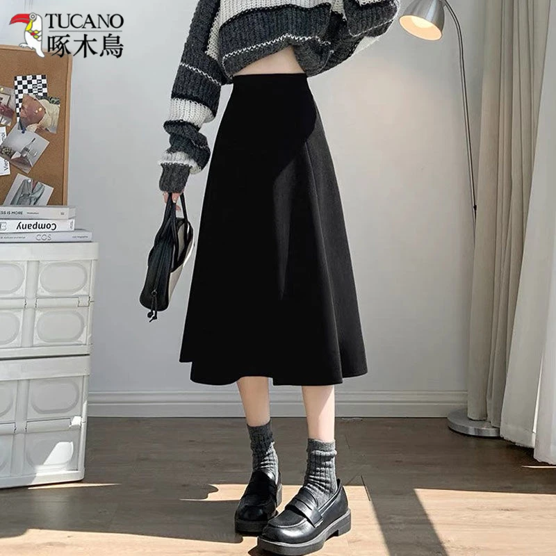 TUCANO/啄木鳥韩版大摆裙高腰遮胯A字裙小个子秋冬款毛呢半身裙子