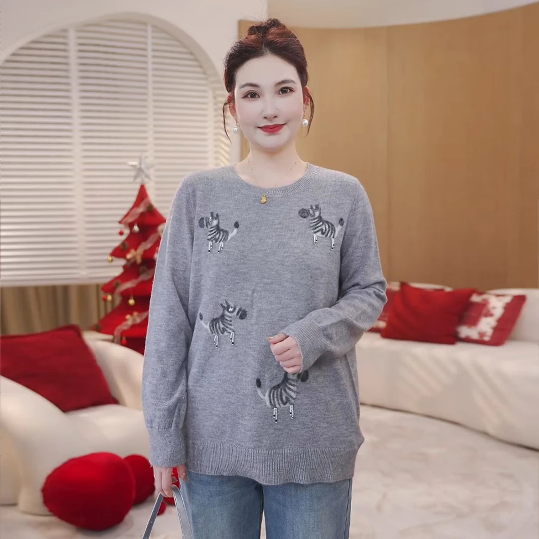 【18支北极绒】MsShe大码女装冬羊毛毡刺绣钉珠马年毛衣S~Q2512033