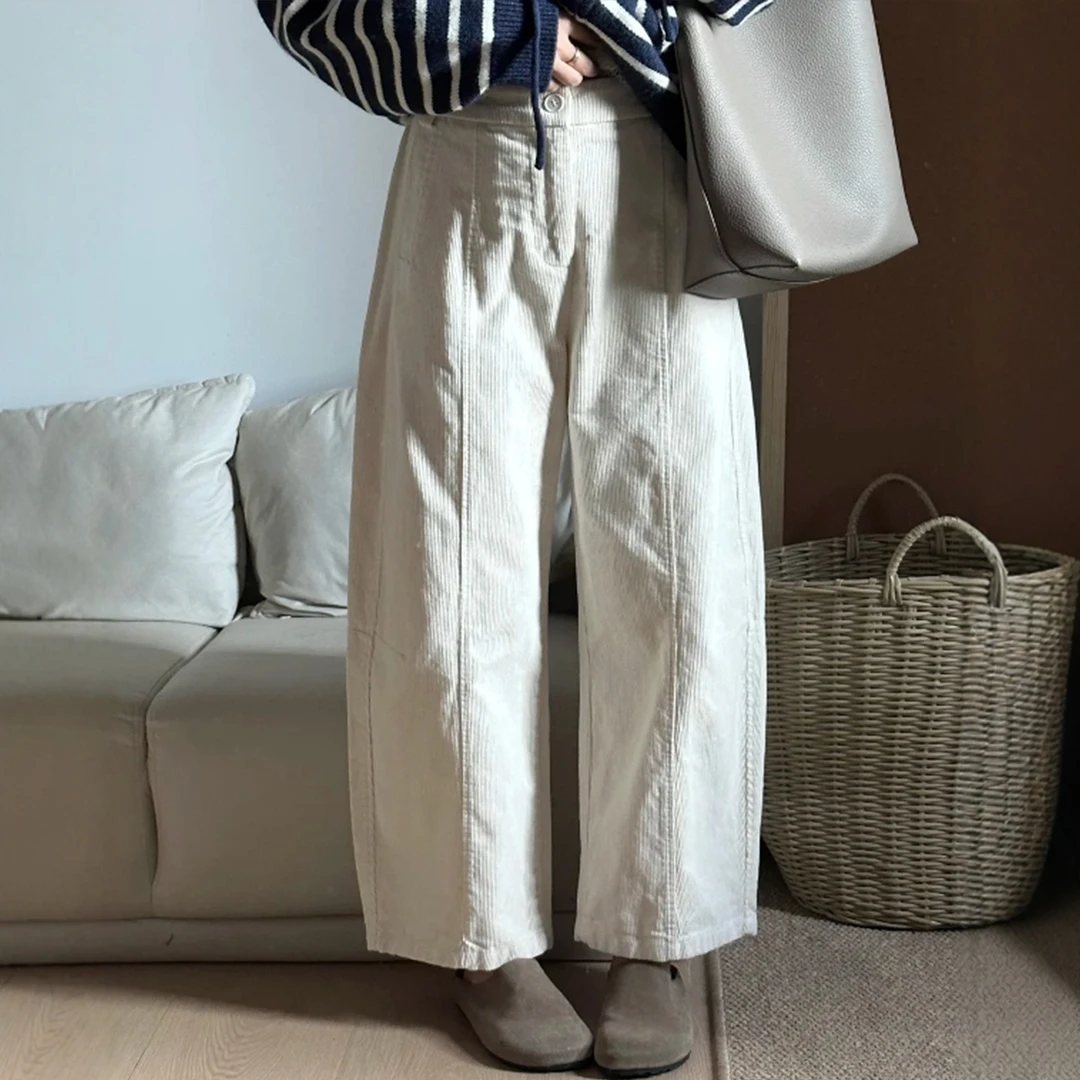 杏色灯芯绒裤子女九分大码女装秋冬胖妹妹宽松巨好看的加绒阔腿裤