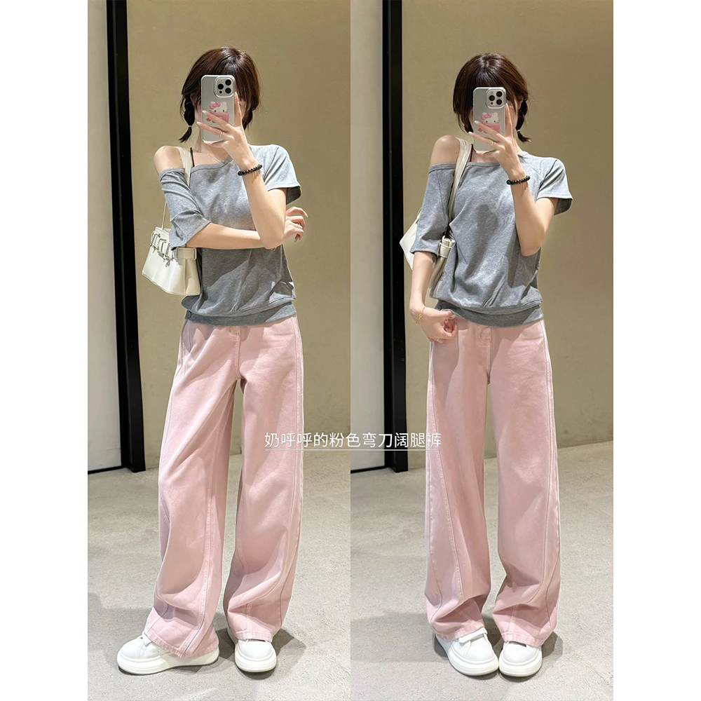 DX.DAXI【甜心牛仔】粉色弯刀裤设计感宽松显瘦复古水洗阔腿裤68007