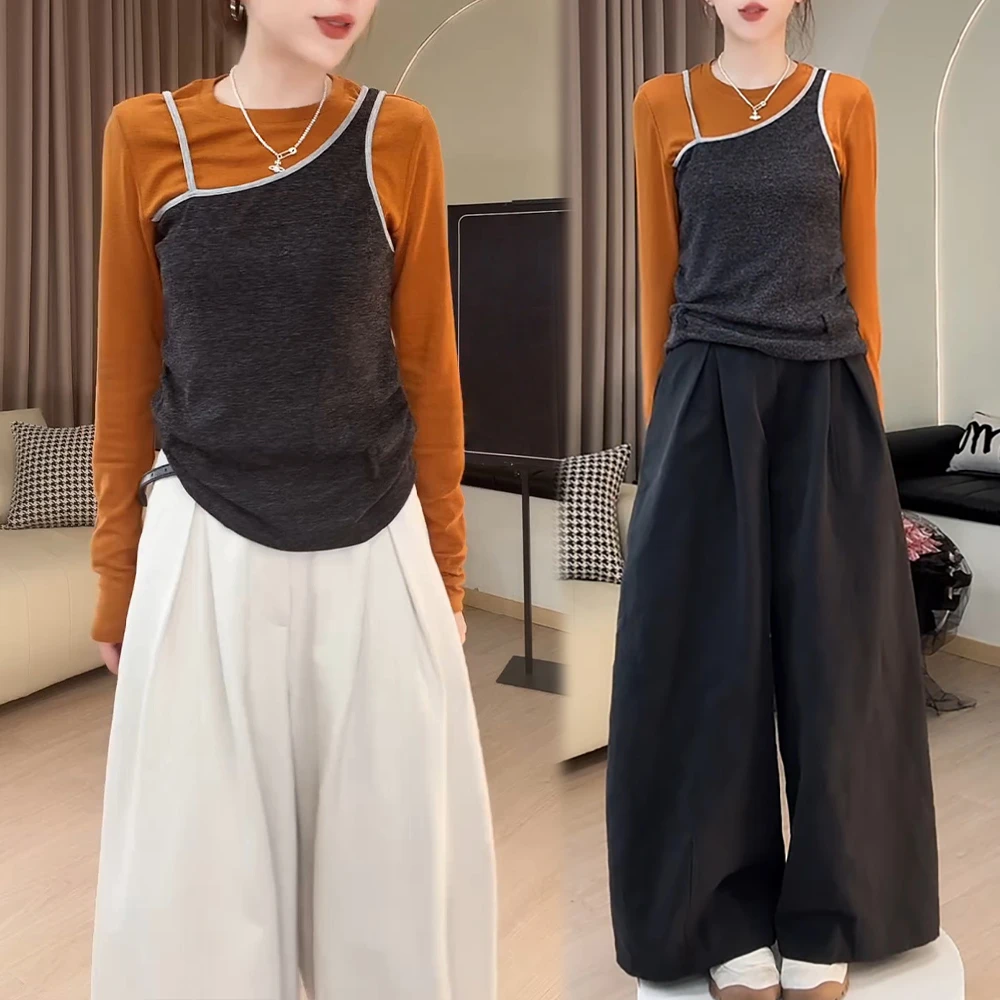 网红洋气炸街套装女2025春秋新款假两件叠穿长袖t恤阔腿裤两件套