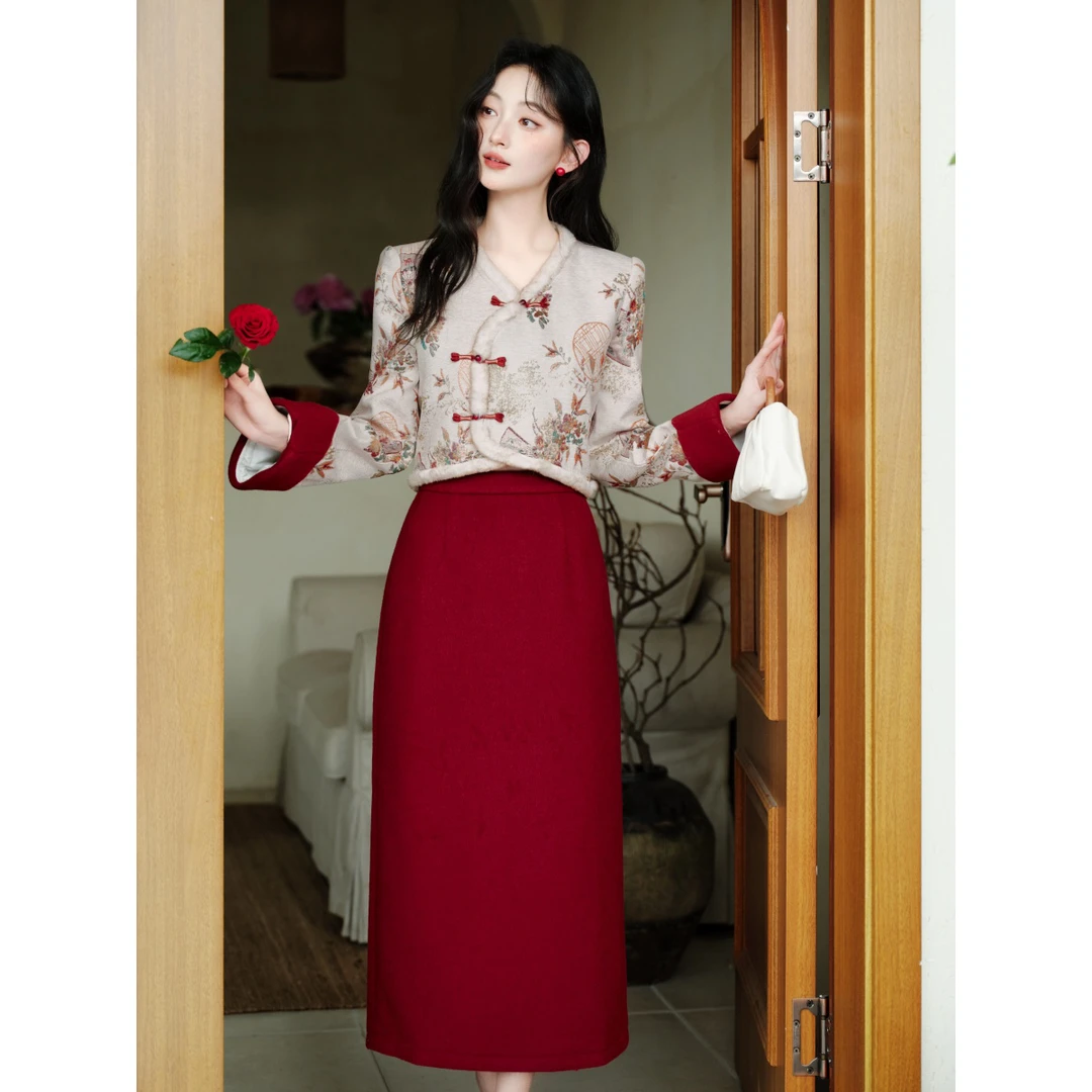 秋冬季国风复古新中式套装上衣棉衣短外套半身裙时尚两件套1109