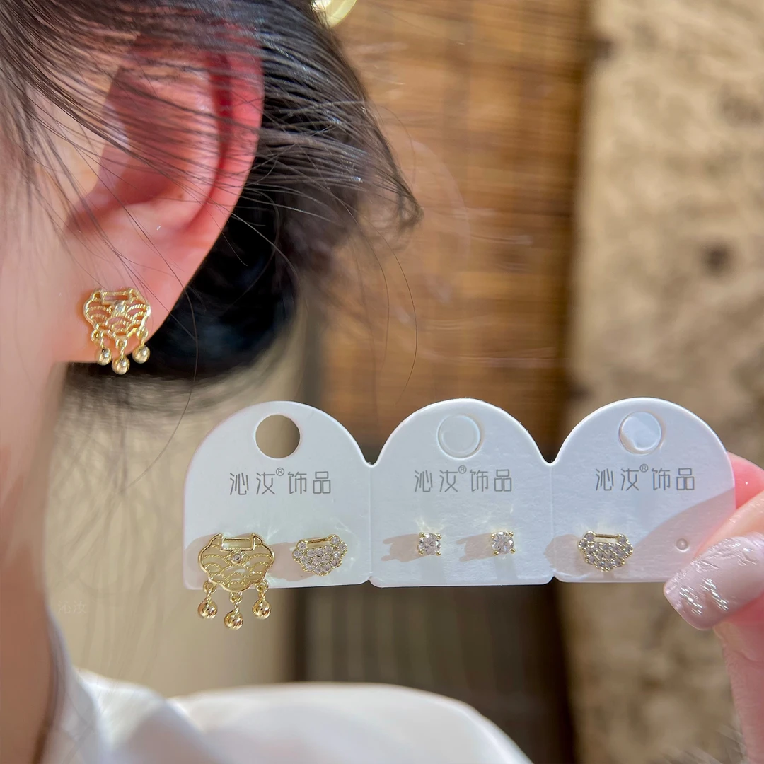F567平安锁耳钉六件套温柔时尚百搭轻奢法式精致