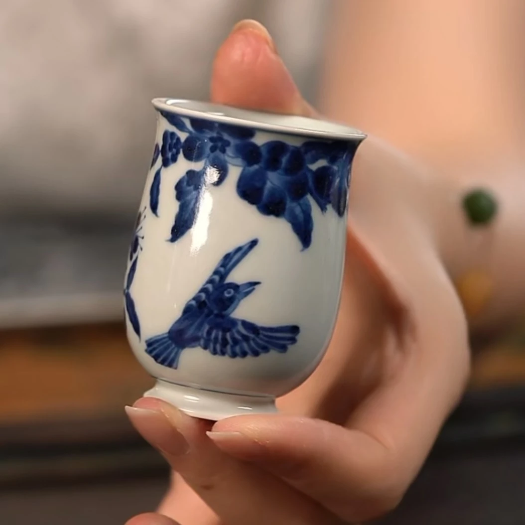 【品遗敬仁】研山琢器手绘仿明青花花鸟玉兰杯70cc